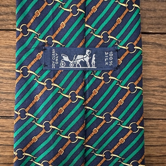 Hermes Men’s Silk Necktie - Navy, Green + Brown Stripe  - Excellent Condition - Picture 3 of 4